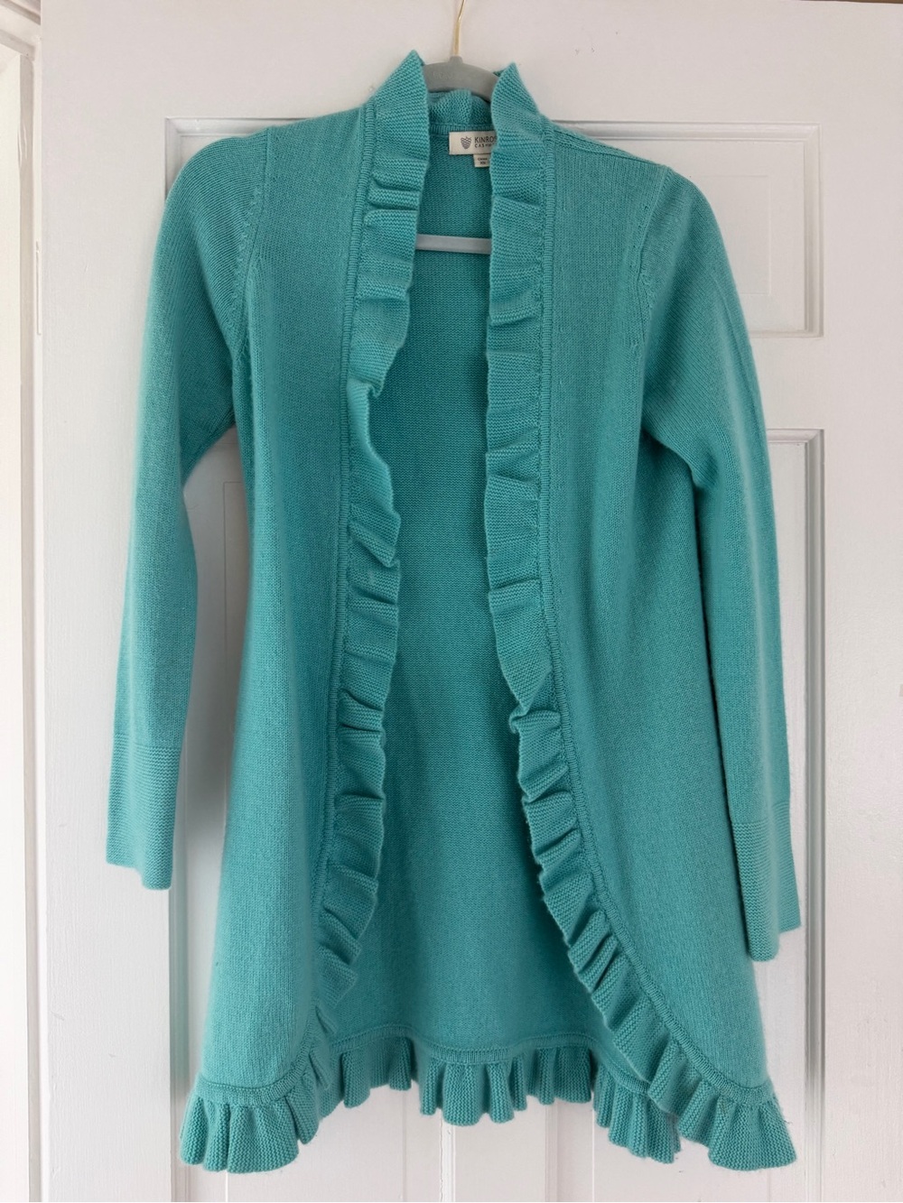 Kinross Cashmere Tuquoise Ruffle Open Cardigan Sweater